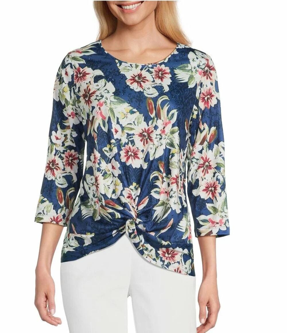 Allison Daley Damask Floral 3/4 Sleeve Crew Neck Twist Hem Knit Top 2X